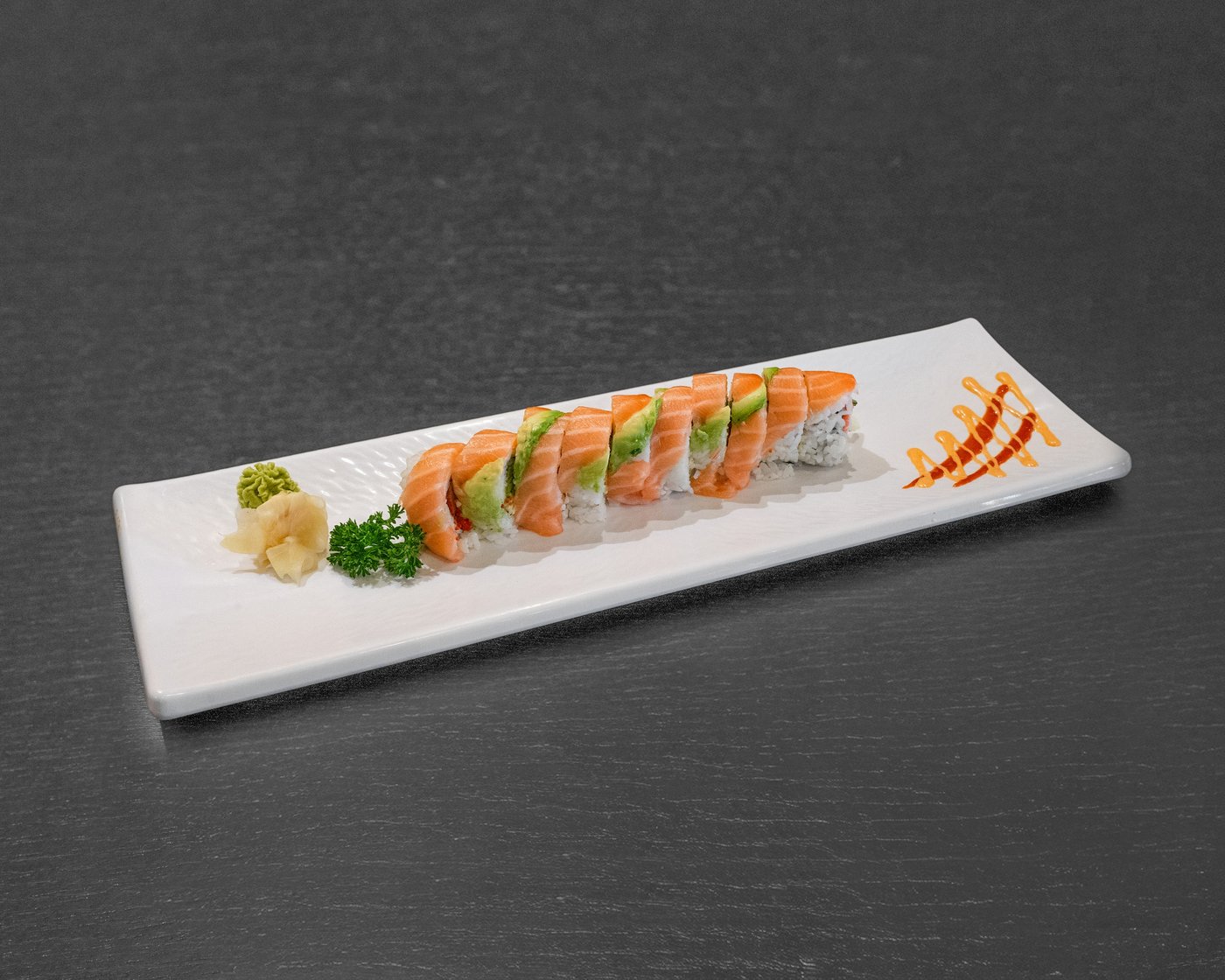 FM1 Cinderella — big California roll with salmon and avocado on top
